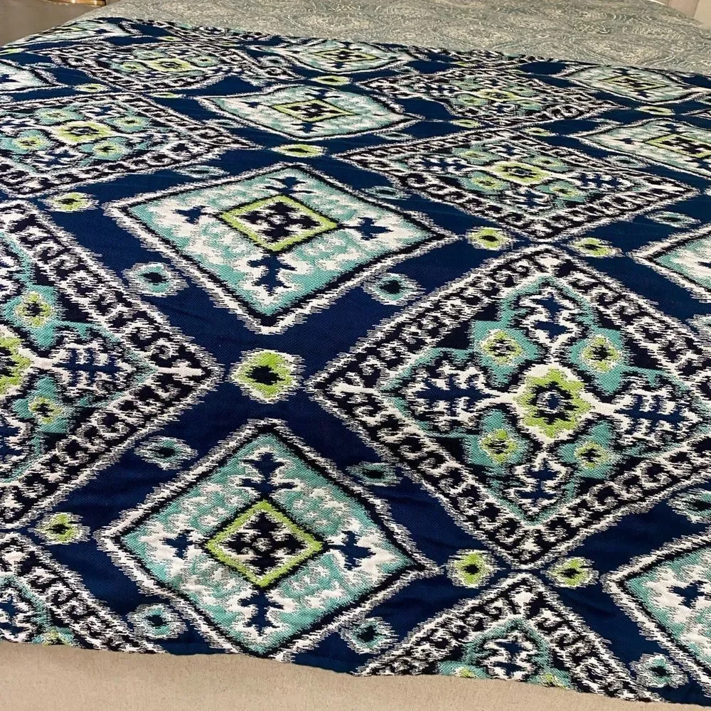 Luxurious Ikat pattern Designer Bed Runner Navy Teal Throw Blanket